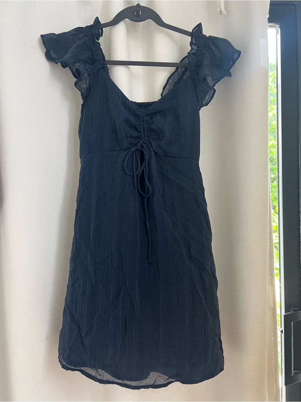 Old Navy Navy Ruffle-Shoulder Drawstring Mini Dress